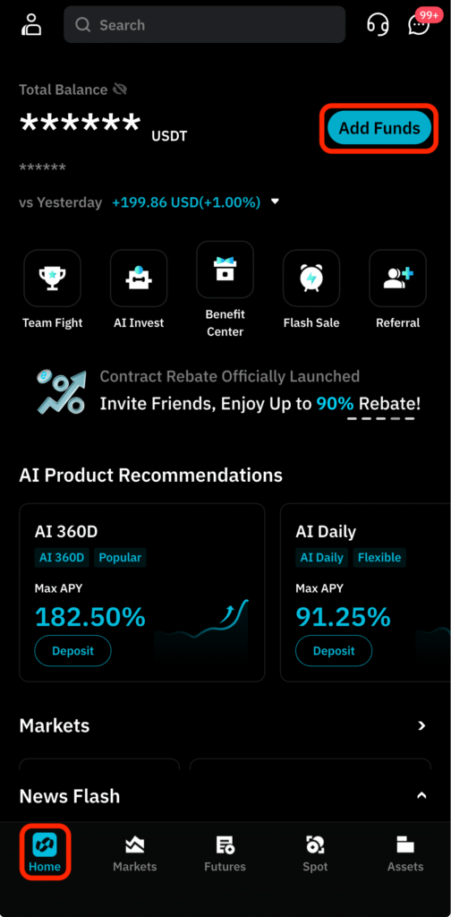 BitradeX app and tap the "Deposit" button