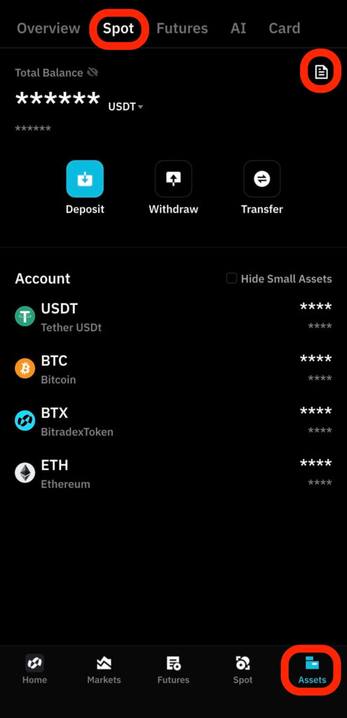 Return to the BitradeX app and navigate to "Assets" -> "Spot."