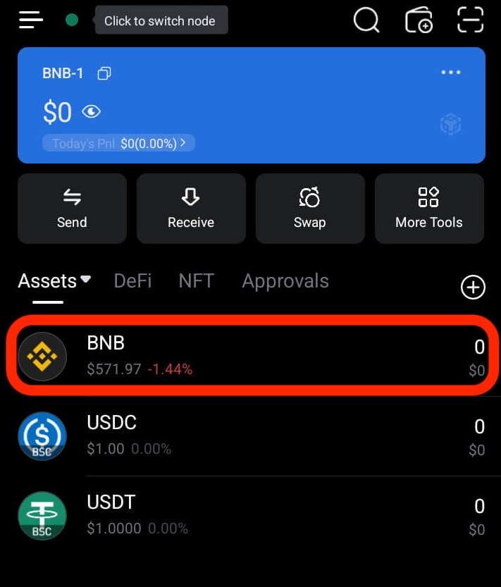 Open your TP Wallet and tap BNB.